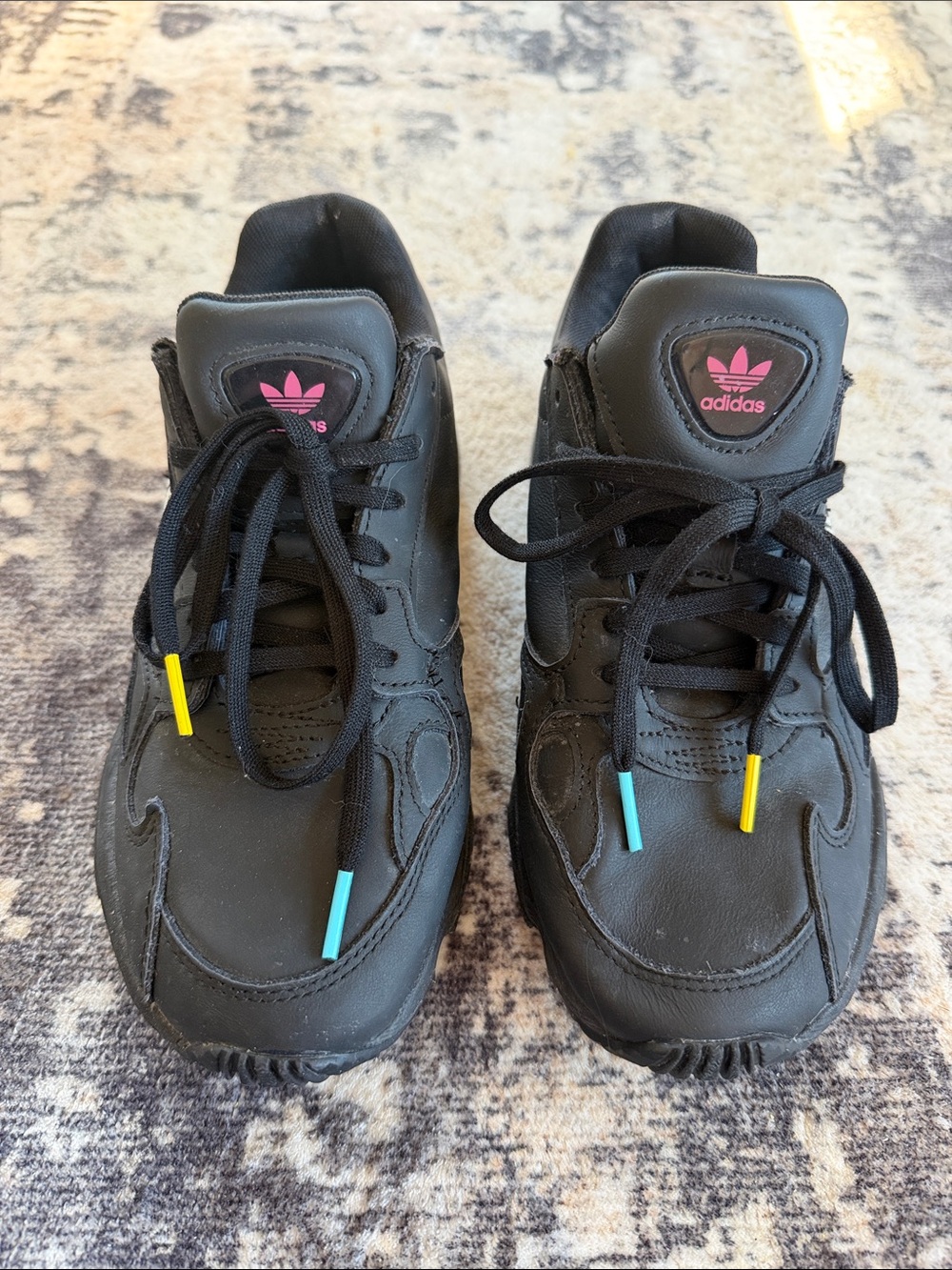adidas women’s Black Sneakers with Pink Trefoil and Blue/Yellow Lace Tips